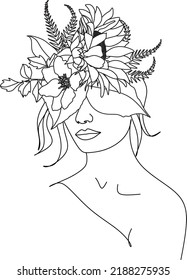 Woman face with flowers Line art. Elegant Feminine Beauty Logo. Abstract face with plants by one line drawing. Portrait minimalistic style. Botanical print. Nature symbol of cosmetics.