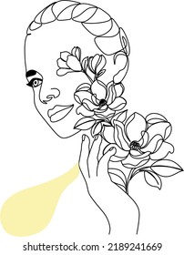 Woman face with flowers Line art. Elegant Feminine Beauty Logo. Abstract face with plants by one line drawing. Portrait minimalistic style. Botanical print. Nature symbol of cosmetics.