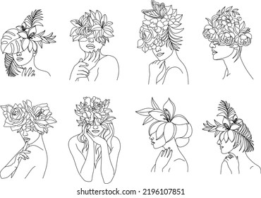 Woman face and flowers Line art  Elegant Feminine Beauty Logo  Abstract face and plants by one line drawing  Portrait minimalistic style  Botanical print  Nature symbol cosmetics 