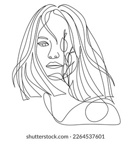 Woman face with flowers . Line art female hands with flowers . Abstract face with flowers  by one line drawing.