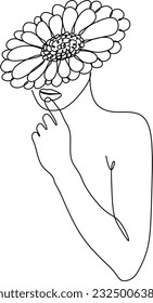 Woman Face with Flowers Line Art Drawing. Continuous One Line Drawing of Flowers on Female Head Minimalist Style. Vector Illustration for Nature Cosmetic, Print. Minimalist Black White Drawing