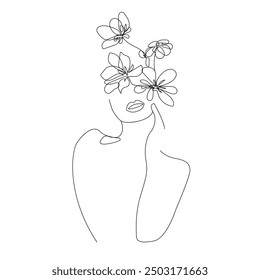 Woman Face with Flowers Line Art Drawing. Abstract Female Head One Line Drawing for Wall Art, Fashion Prints, Posters. Art Sketch Print, Black And White Single Line Art, Feminine Poster. Vector EPS 10