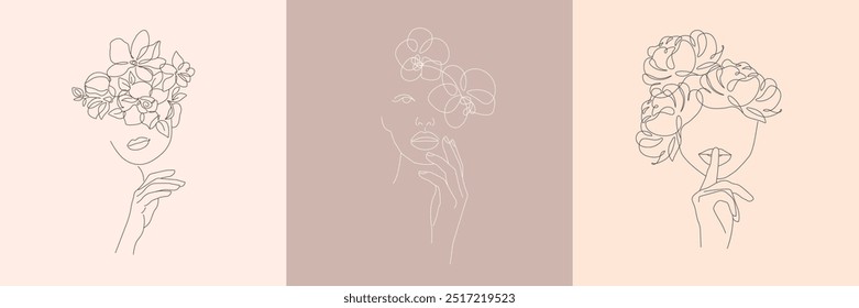 Cara de mujer con flores Line Art Drawing Set. Plantillas de estilo con silueta femenina Abstractas. Mujer con flores de moda Minimal Line Art Illustration. Cara femenina para la belleza, diseño de moda	