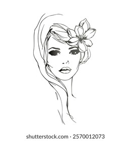 Woman Face with Flowers Line Art Drawing. Floral Female Head Creative Contemporary Abstract Drawing. Beauty Fashion Female Portrait, Elegant Vector Minimalist Art for Fashion Design, Wall Art, Prints