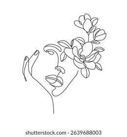 Woman Face with Flowers Line Art Drawing. Floral Female Head Creative Contemporary Drawing. Beauty Fashion Female Portrait, Elegant Vector Minimalist Art for Fashion Design, Wall Art, Print. Not AI