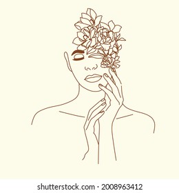 Woman face with flowers logo. Surreal Line art female floral girl. Abstract face line art drawing. Portrait minimalistic style. Nature symbol of cosmetics. Minimal print. 
