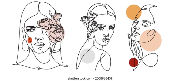 Woman face with flowers logo. Surreal Line art female floral girl. Abstract face line art drawing. Portrait minimalistic style. Nature symbol of cosmetics. Minimal print. 
