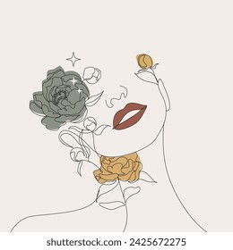 Woman Face With Flowers Minimal Line Art Illustration Women's Day Concept