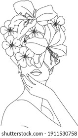 Woman face with flowers one line drawing. Continuous line drawing art. Flower bouquet in woman head single line art. Vector line illustration. Nature cosmetics. Minimalist Black White Drawing Artwork