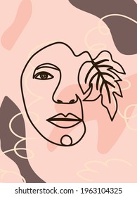Woman face with flowers one line drawing. Half of the face is a flower. Continuous line drawing art. Nature cosmetics. Minimalist black and white drawing