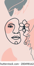 Woman face with flowers one line drawing. Half of the face is a flower. Continuous line drawing art. Nature cosmetics. Minimalist black and white drawing