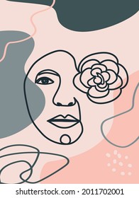 Woman face with flowers one line drawing. Half of the face is a flower. Continuous line drawing art. Nature cosmetics. Minimalist black and white drawing