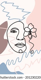 Woman face with flowers one line drawing. Half of the face is a flower. Continuous line drawing art. Nature cosmetics. Minimalist black and white drawing