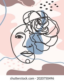 Woman face with flowers one line drawing. Half of the face is a flower. Continuous line drawing art. Nature cosmetics. Minimalist black and white drawing