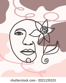 Woman face with flowers one line drawing. Half of the face is a flower. Continuous line drawing art. Nature cosmetics. Minimalist black and white drawing
