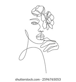Woman Face with Flowers One Line Art Drawing. Floral Female Head Creative Abstract Drawing. Beauty Fashion Female Portrait, Elegant Vector Minimalist Art for Fashion Design, Wall Art, Print. Not AI