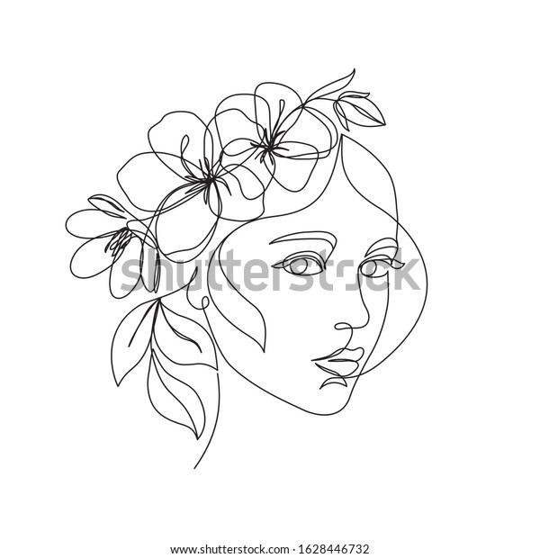 Woman face with flowers one line drawing.\
Continuous line drawing art. Flower bouquet in woman head single\
line art. Vector line illustration. Nature cosmetics. Minimalist\
Black White Drawing\
Artwork\
