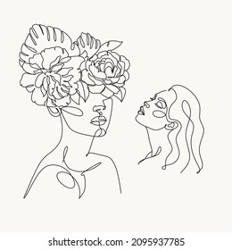 Woman face with flowers. Surreal Line art female floral girl. 