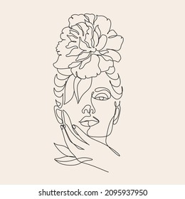 Las mujeres se enfrentan con flores. Surreal Line art hembra floral. 