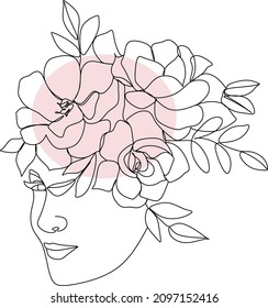 Woman face with flowers . Surreal Line art female floral girl. Abstract face with plants by line drawing. Portrait minimalistic style. Nature symbol of cosmetics. Botanical print.