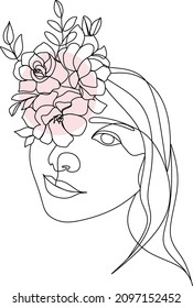 Woman face with flowers . Surreal Line art female floral girl. Abstract face with plants by line drawing. Portrait minimalistic style. Nature symbol of cosmetics. Botanical print.