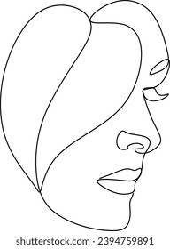 Woman Face with Flowers in Trendy Modern Linear Style. Female Beauty Art. Minimalist Outline Drawing for Wall Print, Poster, Cosmetics.  Hand drawn vector illustration without artificial intelligence