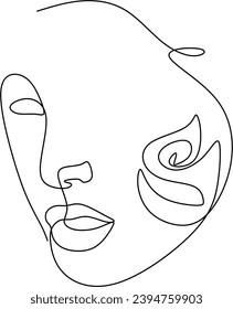 Woman Face with Flowers in Trendy Modern Linear Style. Female Beauty Art. Minimalist Outline Drawing for Wall Print, Poster, Cosmetics.  Hand drawn vector illustration without artificial intelligence