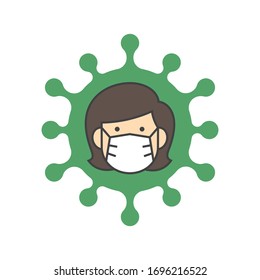 Woman face with flu mask icon symbol, Concept for flu sickness and wearing medical mask to prevent the spread of virus germs, Isolated on white background, Vector illustration