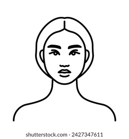 Woman face front, line icon. Asian ethnicity. Female head, neck, shoulders, front view portrait. Minimalist style, linear illustration, editable strokes