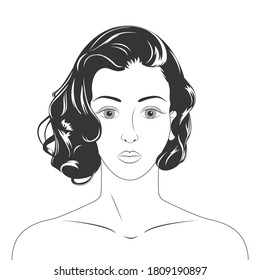 Woman face front view. Close-up black and white portrait of a young attractive woman with wavy hair, isolated on white background. Beautiful model. Make up, skincare, fashion model.