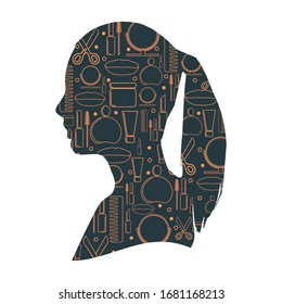 Woman face front view. Elegant silhouette of a female head. Silhouette textured by cosmetology pattern.