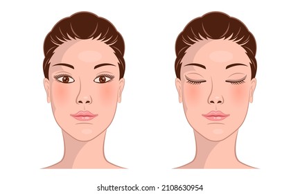 woman face front view with open and closed eyes cartoon style