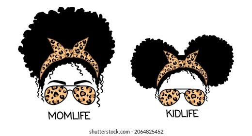 Woman face and girl face with aviator glasses, bandana and leopard print. Messy Bun Mom Lifestyle. Messy Bun Girl Lifestyle. Vector illustration. 