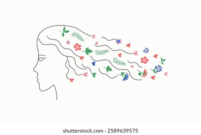 Woman face, girl with long hair with flowers, hearts, leaves. Spring, summer. Silhouette, abstract portrait of young woman. Vector illustration.