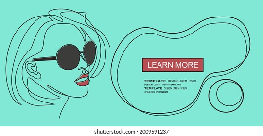 Woman face in glasses continuous line drawing. Abstract minimal woman portrait. Line art, drawing of face , fashion concept, woman beauty minimalist, vector illustration .