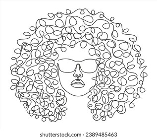 Cara de mujer en gafas con pelo rizado, dibujo continuo de línea. Pintura de línea, dibujo de cara, concepto de moda, belleza femenina minimalista para la decoración de paredes, postales o diseño de portada de folletos.