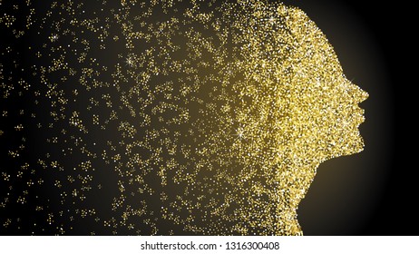 Woman Face Glitter Concept Illustration, Gold Glitter Profile Icon Made Of Realistic Golden Glitter Dust Disintegrate
 On Black Background. 