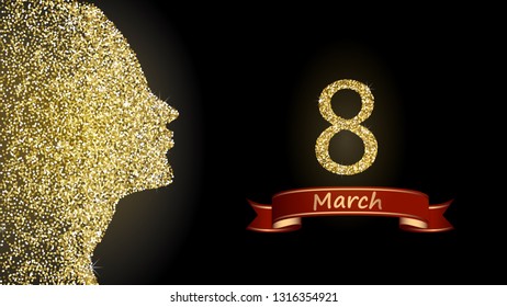 Woman face Gold glitter Happy Women's Day greeting card .