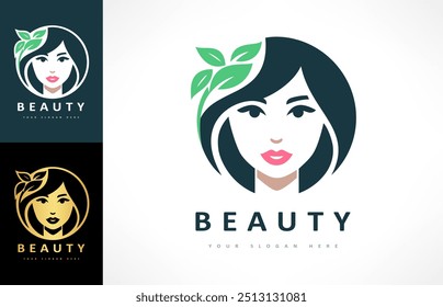 Woman face and hair logo. Beauty saloon design.