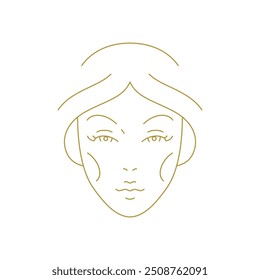 Woman face with hair minimal silhouette golden line icon for cosmetic brand vector illustration. Female young model beautiful portrait logo for beauty salon spa wellness skin care luxury sketch