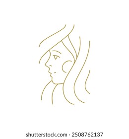 Woman face with hair minimal silhouette golden line icon vector illustration. Beautiful female portrait elegant hand drawn lady profile logo for coiffure hairstyle makeup cosmetic skin care brand