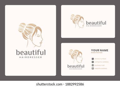 woman face, hairstyle, beauty salon logo design with business card template.