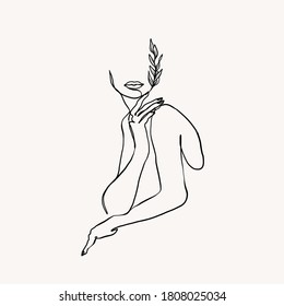 Woman face and hand continuous line drawing. Abstract minimal woman portrait