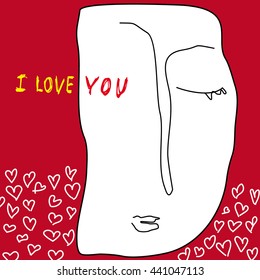 Woman face hand drawn in red background with logo