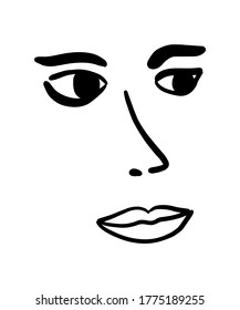 Woman face hand drawn vector illustration simple in minimalism style lips eyes nose brows