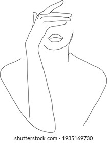 woman face with hand one line drawing. Abstract minimal woman portrait.