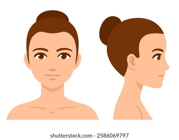 Woman face and head profile diagram, simple flat cartoon style. Female head template for beauty and healthcare infographic. Isolated vector illustration.