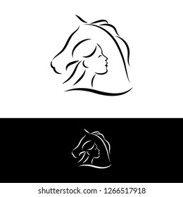 Woman Face And Horse Head Logo On White Made In Line Art Style. Vector