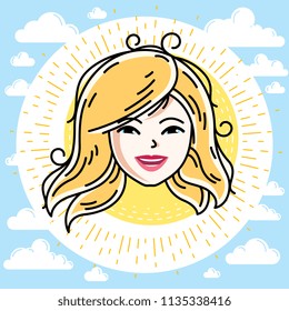 Woman face, human head. Vector character, beautiful blonde female with stylish haircut.