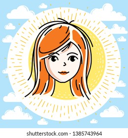 Woman face, human head. Vector character, beautiful red-haired female with stylish haircut.